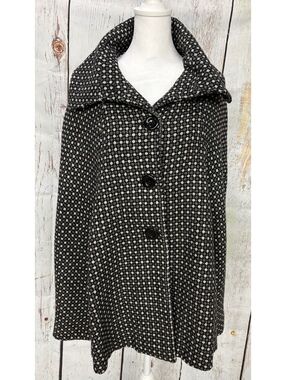 Steve Madden Y2K Tweed Cape Coat Black White Pixel Pattern Owl Lining Size M/L